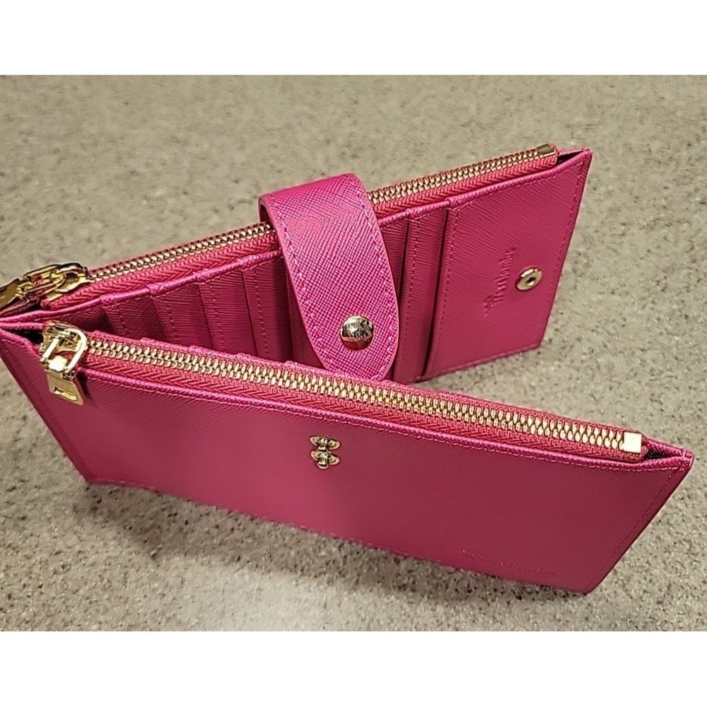 Travelambo Pink Bifold 17 Card Wallet W/ Two Gold-Toned Zipper Compartments